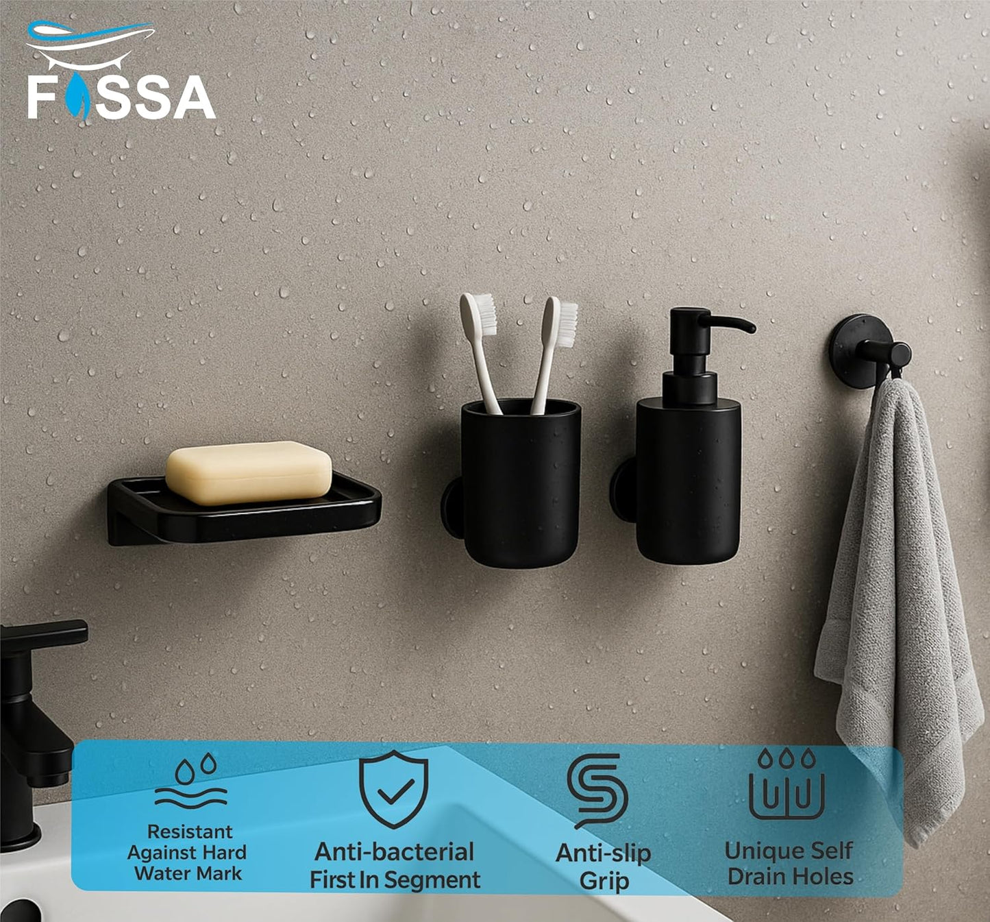Fossa Classic Ceramic Soap Dish for Bathroom & Kitchen – Wall Mounted Soap Dish Holder with Anti-Rust & Anti-Slip Grip | Bathroom Soap Holder, Kitchen Soap Dish, Soap Stand Black (Glossy Finish)