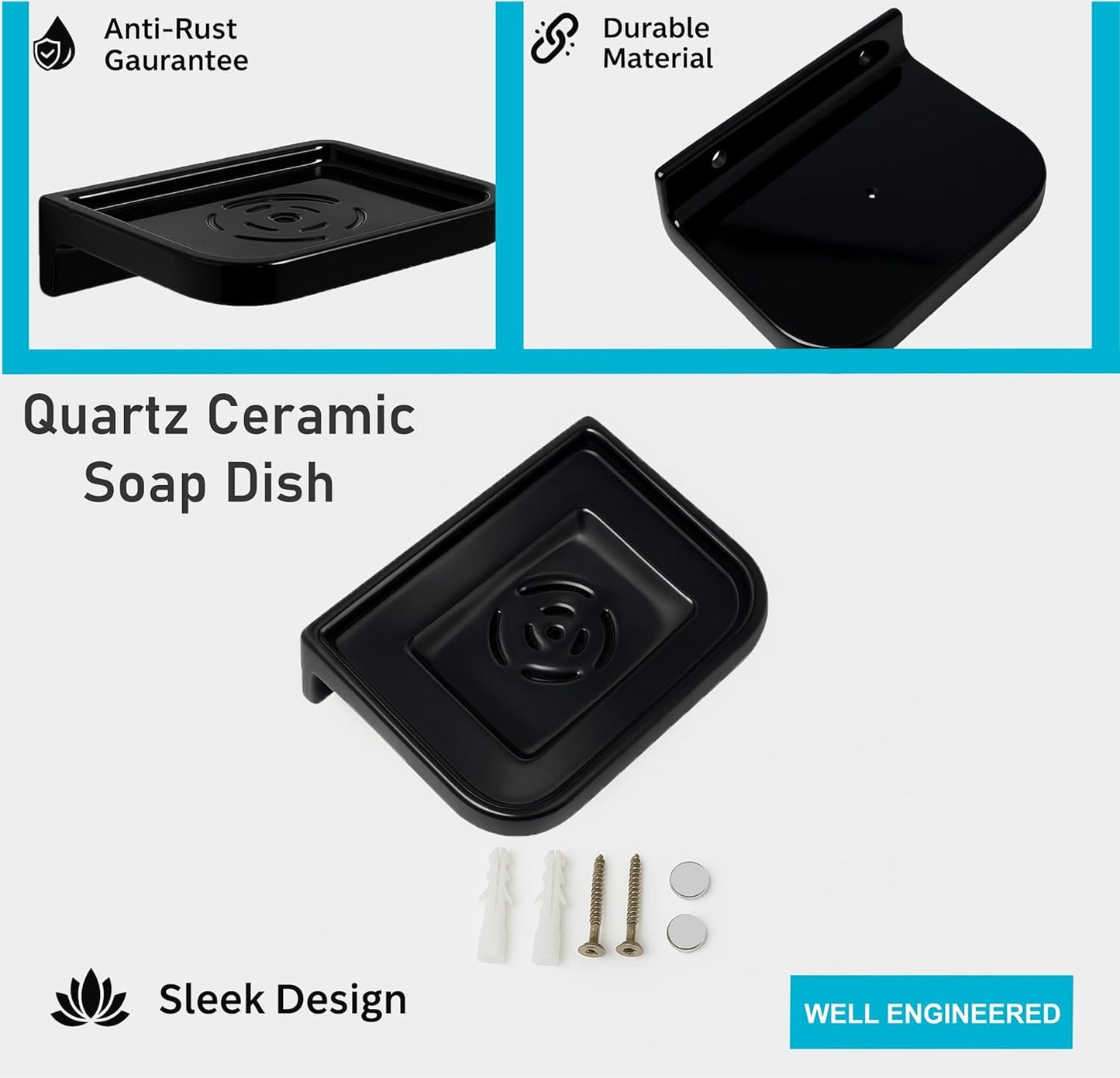 Fossa Classic Ceramic Soap Dish for Bathroom & Kitchen – Wall Mounted Soap Dish Holder with Anti-Rust & Anti-Slip Grip | Bathroom Soap Holder, Kitchen Soap Dish, Soap Stand Black (Glossy Finish)