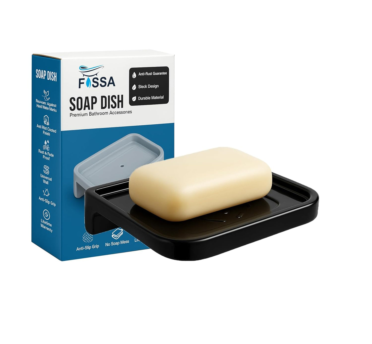 Fossa Classic Ceramic Soap Dish for Bathroom & Kitchen – Wall Mounted Soap Dish Holder with Anti-Rust & Anti-Slip Grip | Bathroom Soap Holder, Kitchen Soap Dish, Soap Stand Black (Glossy Finish)